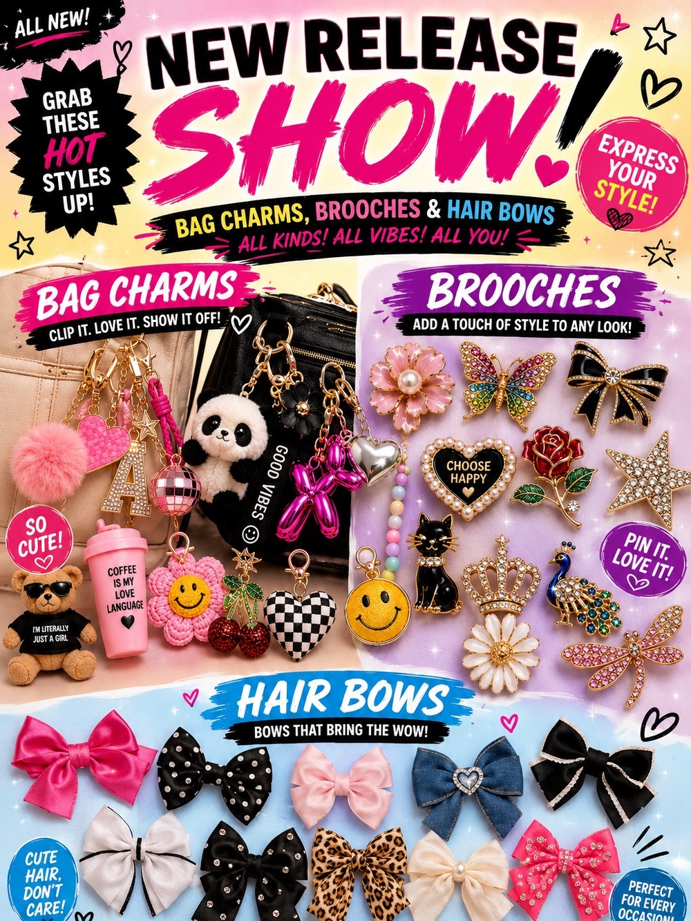 Bag Charms, Brooches & Hair Bows Set — Pink, Black, Gold, White, Blue
